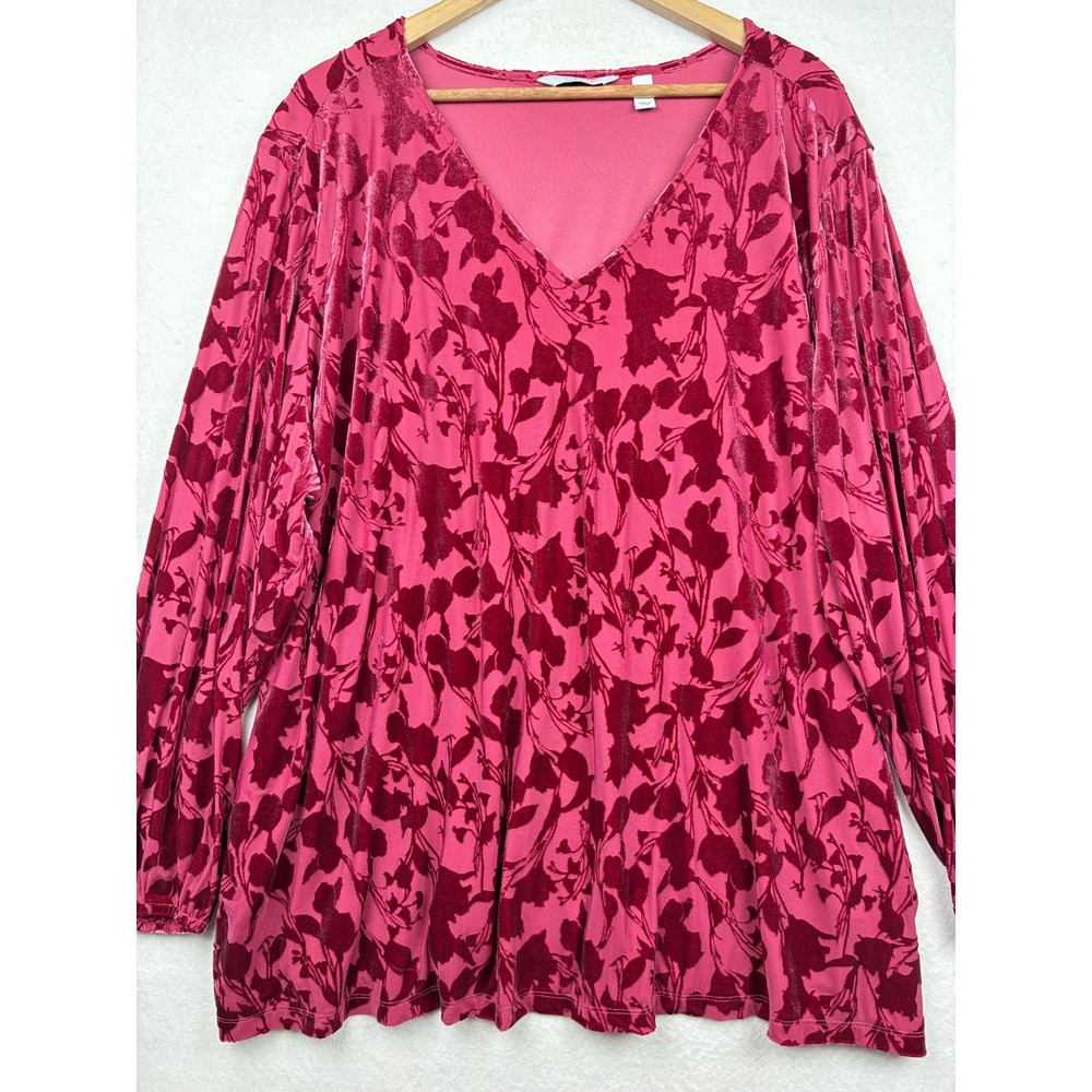 Denim & Co Velvet Burnout‎ Top Womens 5X Floral V-Neck Long Sleeve Boho Romantic
